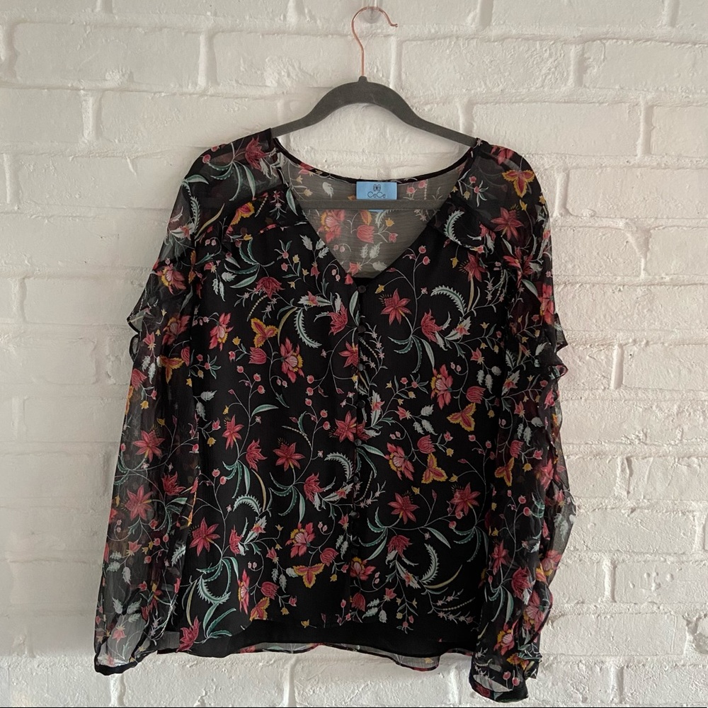 CeCe Black Floral Sheer Long-Sleeve Blouse with Pink & Teal Accents